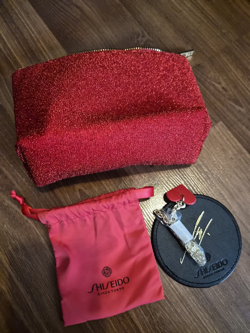Shiseido Red Glitter Cosmetic Pouch with Pink Drawstring Bag & Key Charm